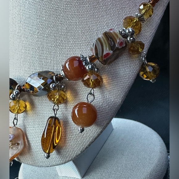 Artisan glass bead necklace with amber color seed beads adjustable silver chain - Picture 5 of 8